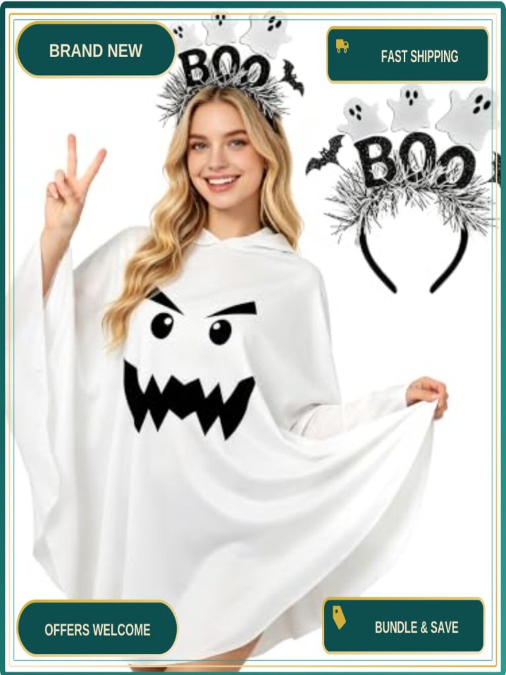 Ghost Poncho Costume Set Hooded Cape & Headband Adult Halloween